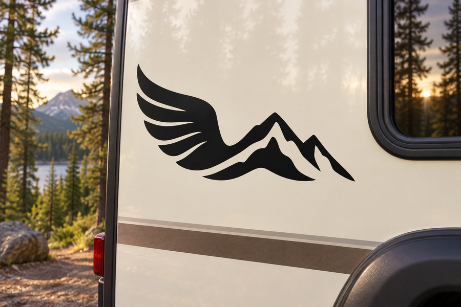 Black wing and mountain ridge vinyl decal on vehicle side panel
