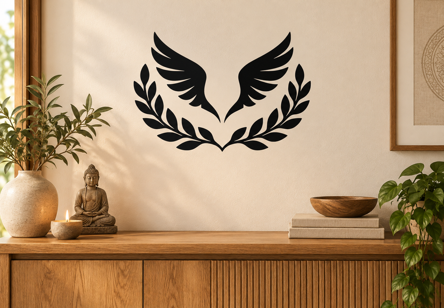 Black vinyl wall decal of open laurel wreath with spread wings, centered