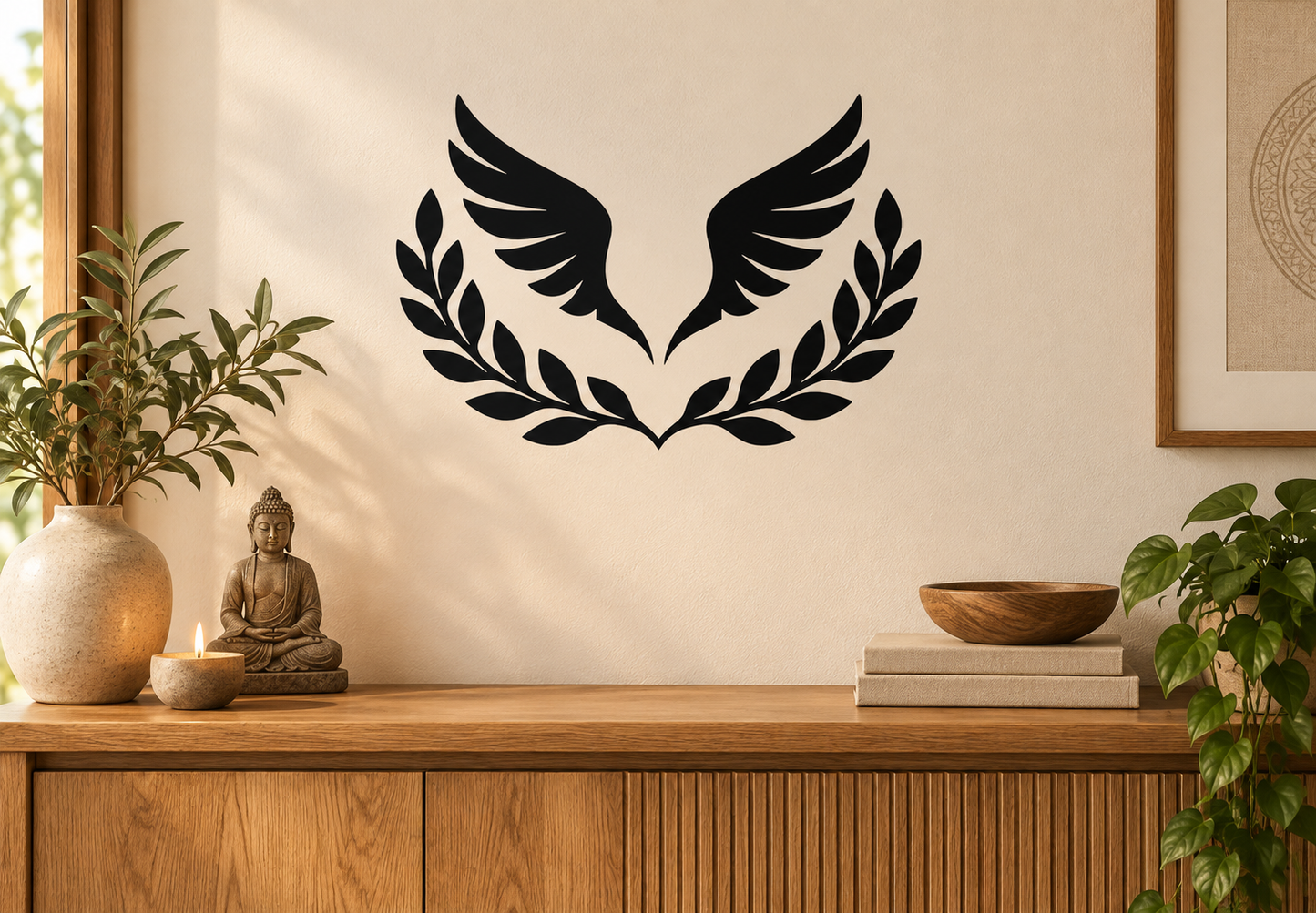 Black vinyl wall decal of open laurel wreath with spread wings, centered