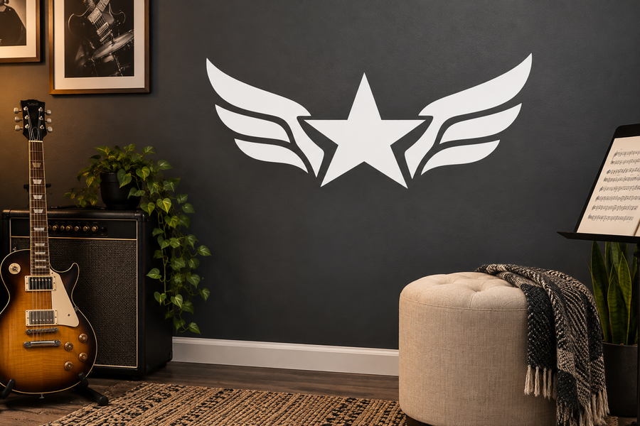 Wing and star vinyl decal, white star with stylized wings on dark surface