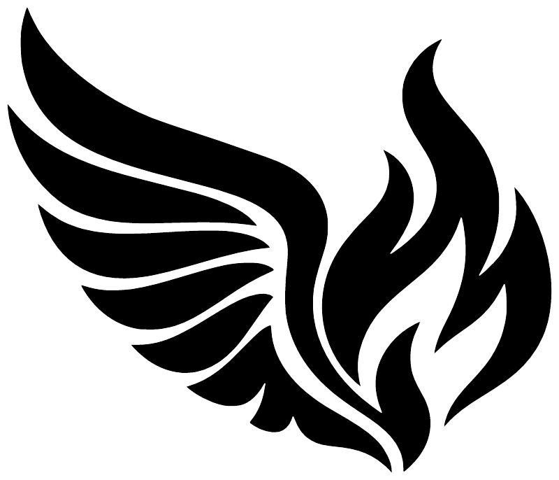Black wing and flame vinyl decal close-up, bold wing and flame shapes.
