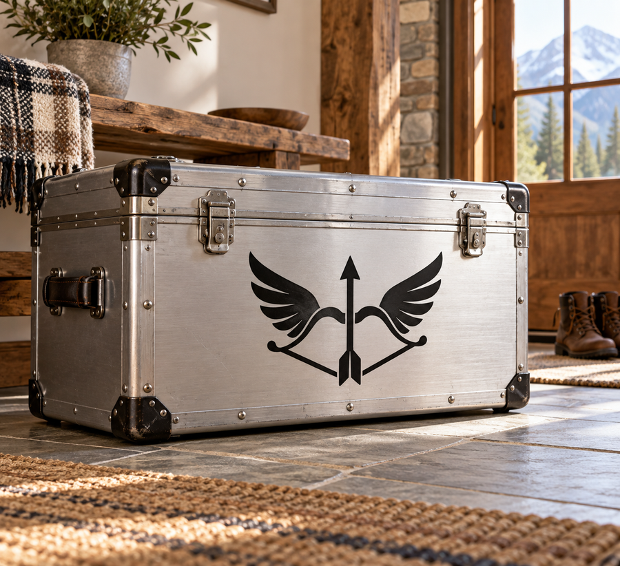 Winged archery bow vinyl decal with black wings, arrow, and bow shapes