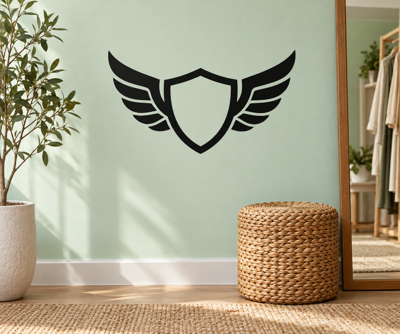 Black wing-and-shield vinyl decal with open shield center and layered wing details