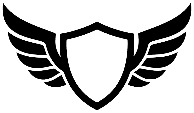 Wing and open shield vinyl decal, black outline with layered wings and shield center