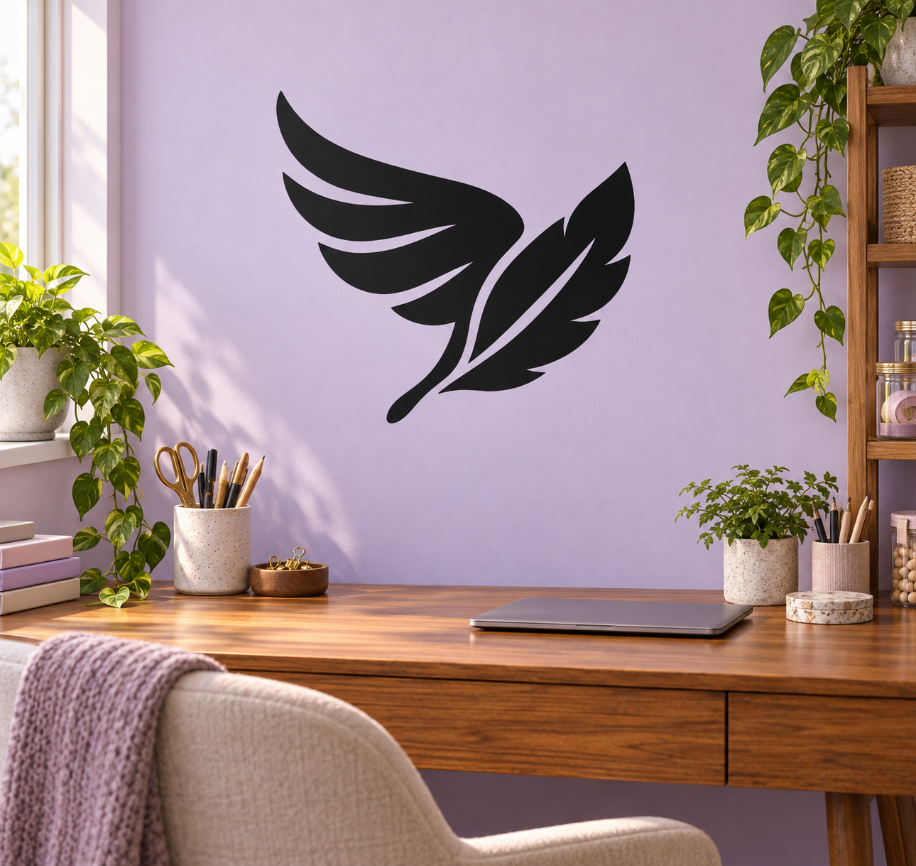 Black wing-and-feather vinyl wall decal, stylized feather wings