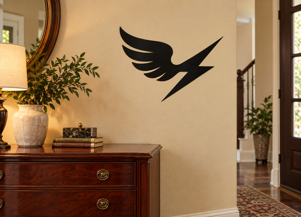 Black wing and lightning bolt vinyl wall decal, wall-mounted decorative symbol