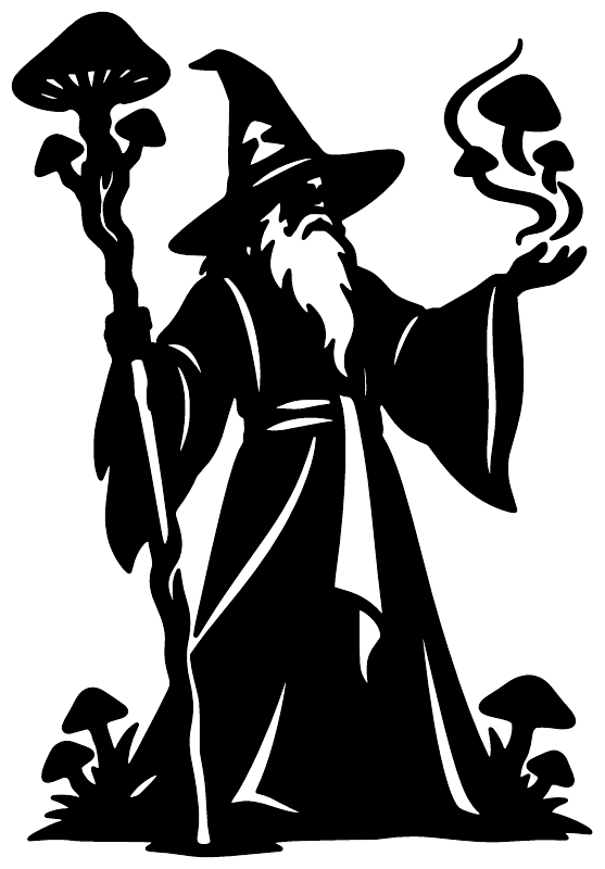 Wizard staff vinyl decal in black silhouette with mushrooms, standalone graphic