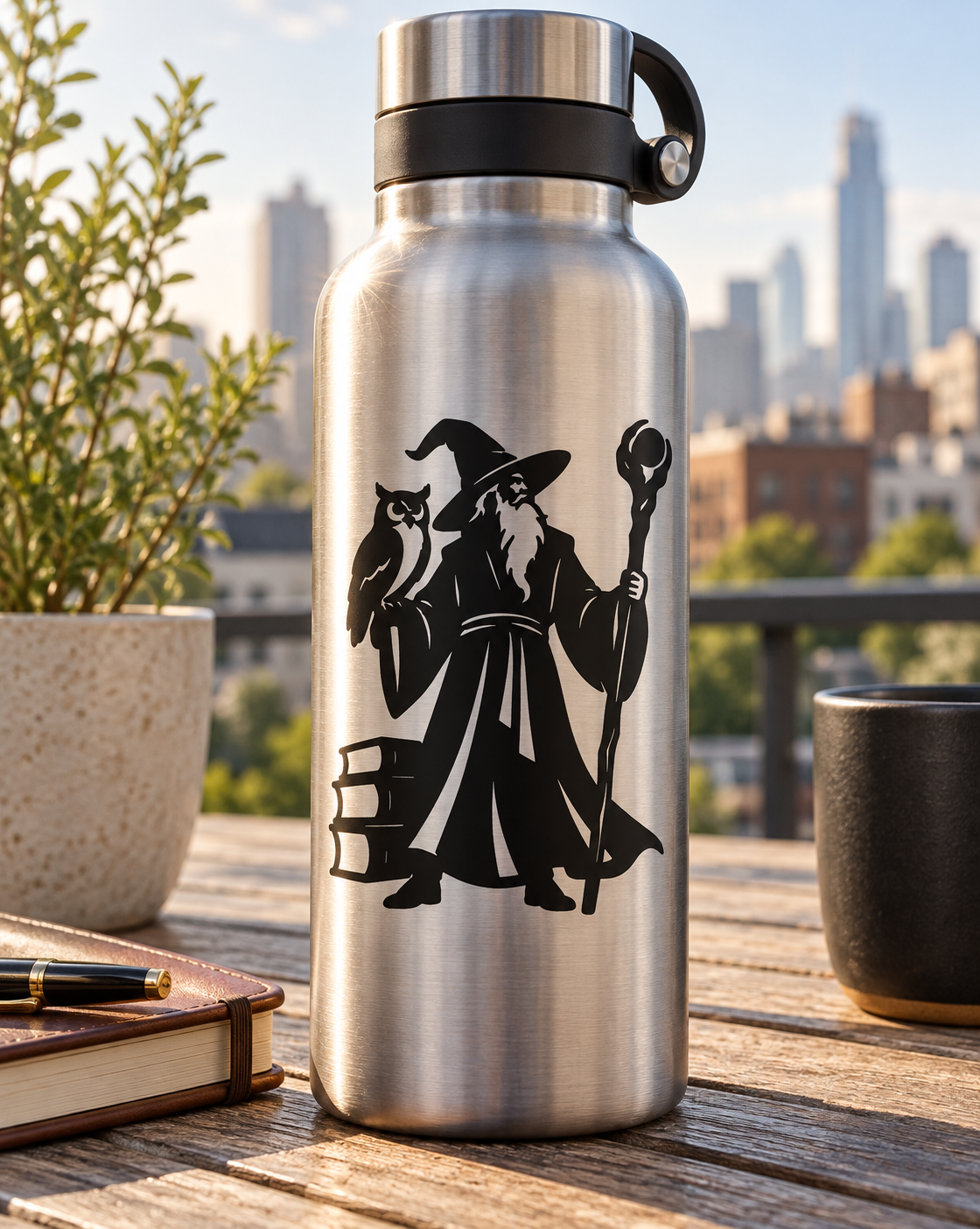 Black wizard and owl vinyl decal silhouette on a water bottle