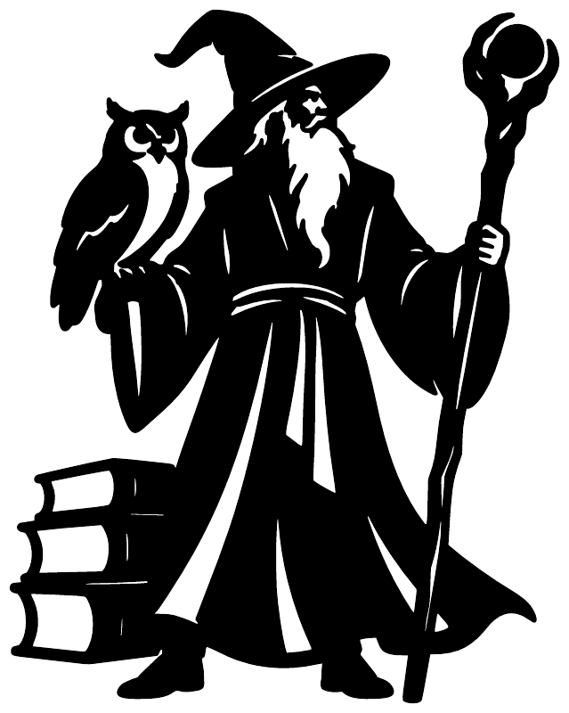 Black wizard, owl, and book icon vinyl decal silhouette