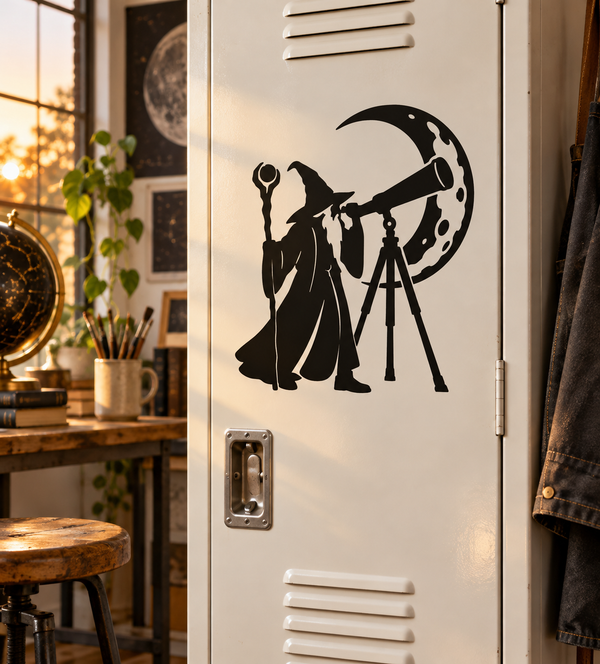 Wizard and telescope moon vinyl decal silhouette on white surface