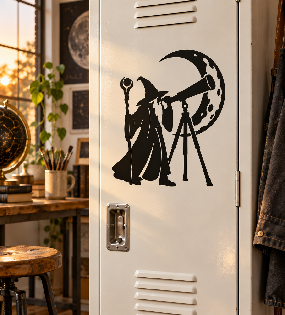 Wizard and telescope moon vinyl decal silhouette on white surface