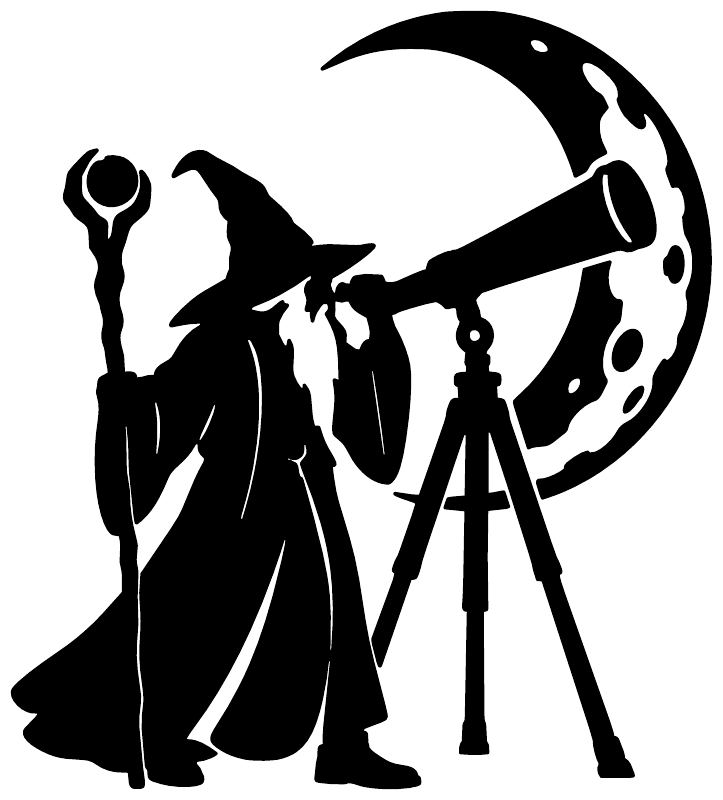 Black wizard silhouette with telescope, tripod, and moon vinyl decal