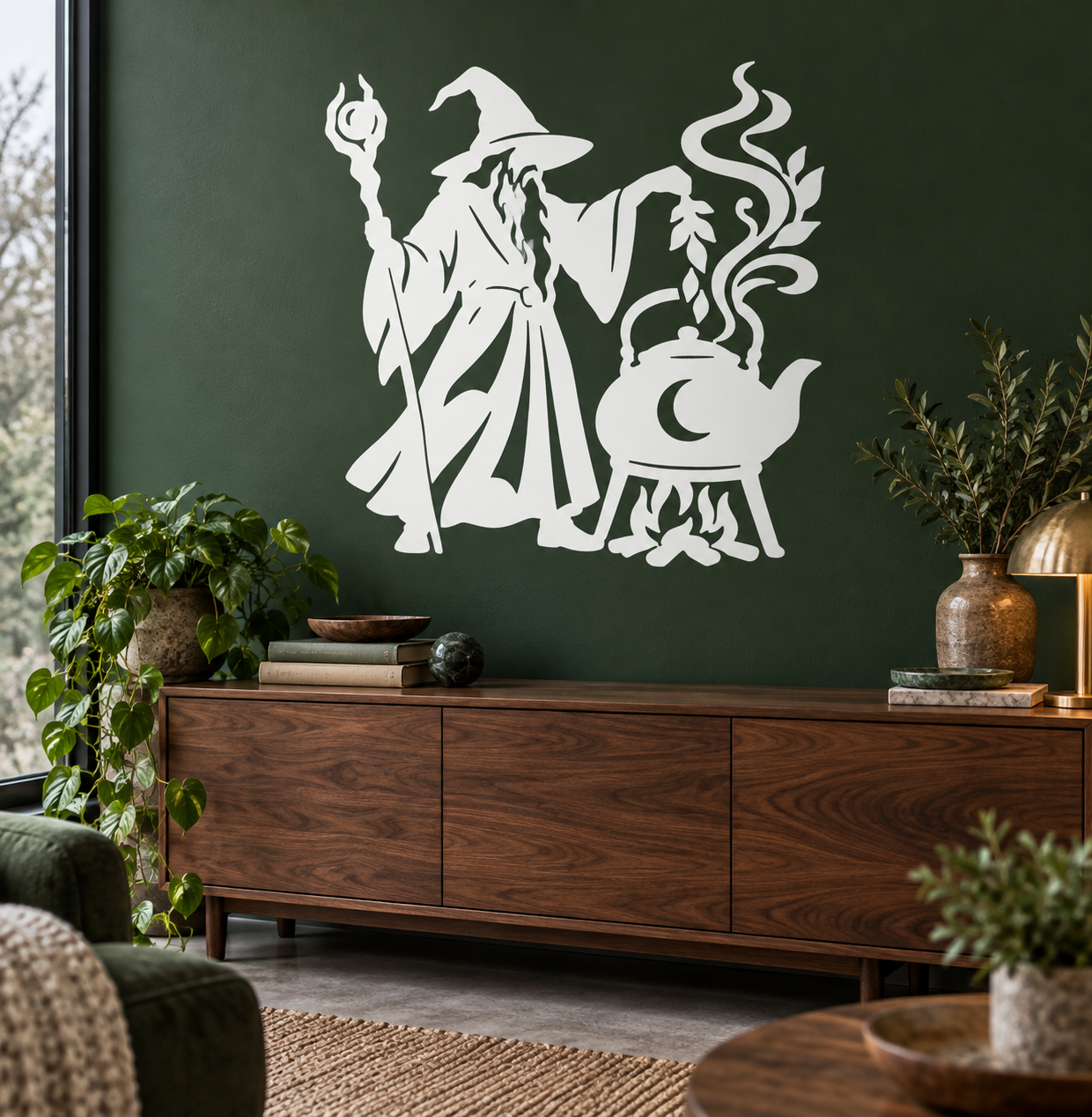 Tea kettle alchemist vinyl decal: wizard holding flame and kettle with crescent moon.