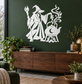 Tea kettle alchemist vinyl decal: wizard holding flame and kettle with crescent moon.