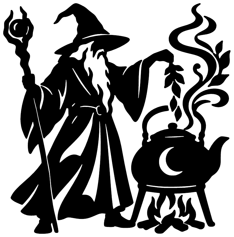 Tea kettle alchemist vinyl decal, black wizard silhouette with kettle, flames and crescent.