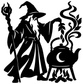 Tea kettle alchemist vinyl decal, black wizard silhouette with kettle, flames and crescent.