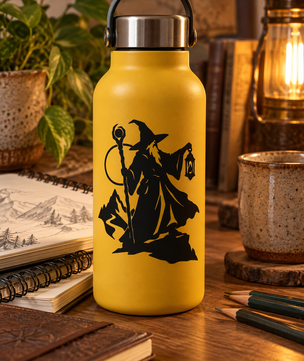 Wizard robe lantern holder vinyl decal silhouette on yellow bottle