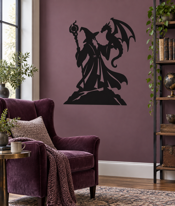 Black wizard and dragon vinyl decal, standing silhouette with staff and flowing cloak.