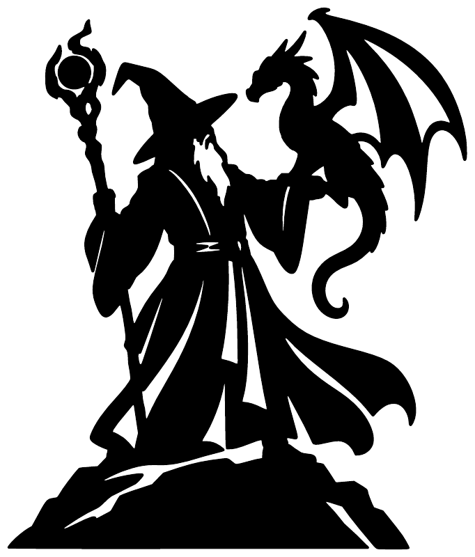 Black wizard and dragon vinyl decal, full-body silhouette with arched dragon beside wizard.