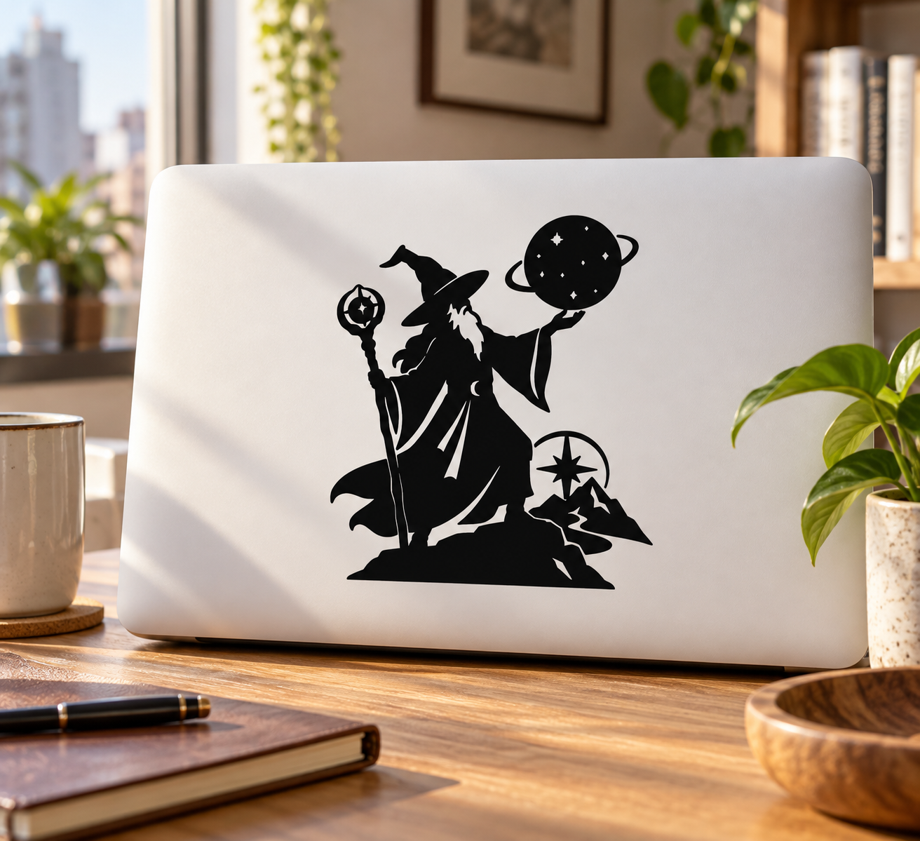 Wizard star-map vinyl decal: black wizard with staff, planets and constellation circles