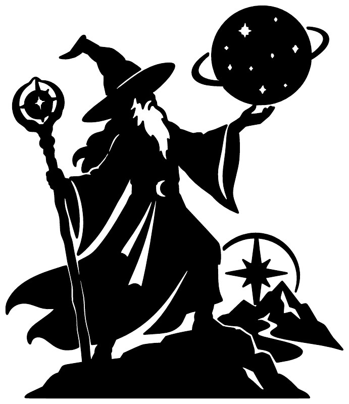 Star-map wizard vinyl decal, black silhouette with staff, wand, and starry planets