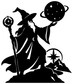 Star-map wizard vinyl decal, black silhouette with staff, wand, and starry planets