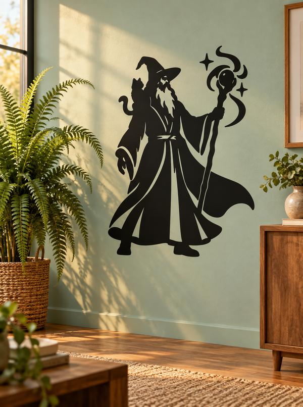 Black wizard silhouette vinyl wall decal with pointed hat, staff, and star sparks