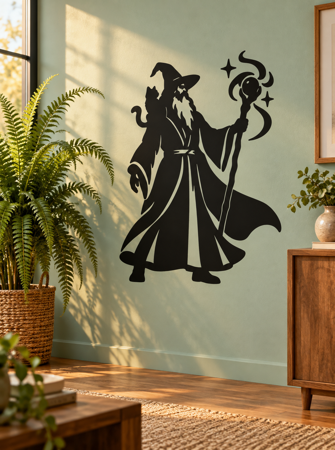 Black wizard silhouette vinyl wall decal with pointed hat, staff, and star sparks