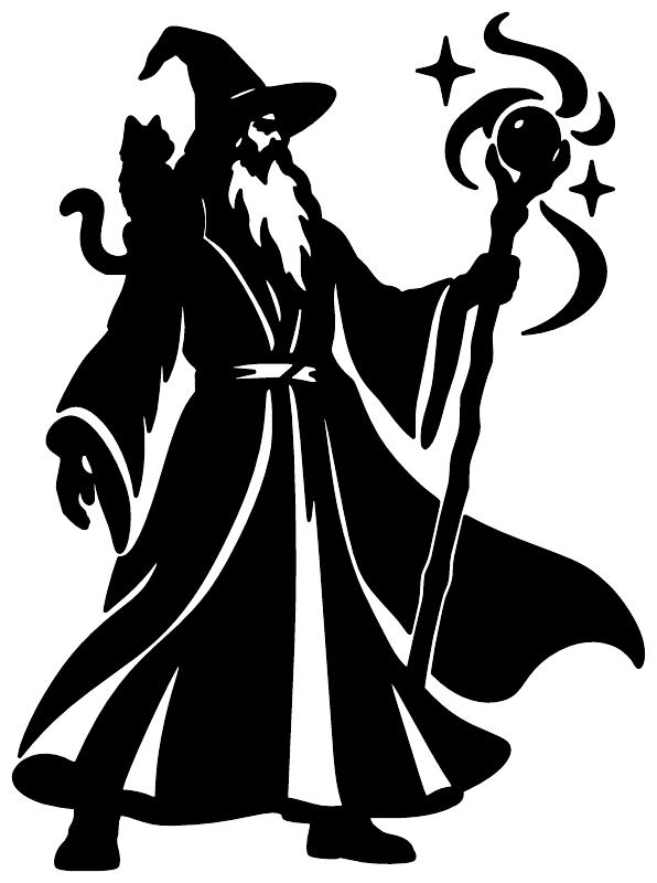 Black wizard silhouette vinyl decal holding a staff with swirling smoke and stars