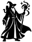 Black wizard silhouette vinyl decal holding a staff with swirling smoke and stars
