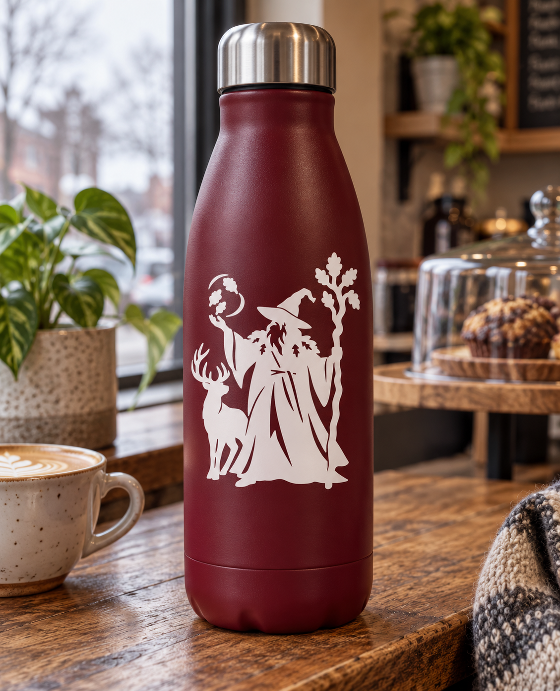 White druid silhouette vinyl decal on maroon bottle: cloaked figure, stag, oak branch.
