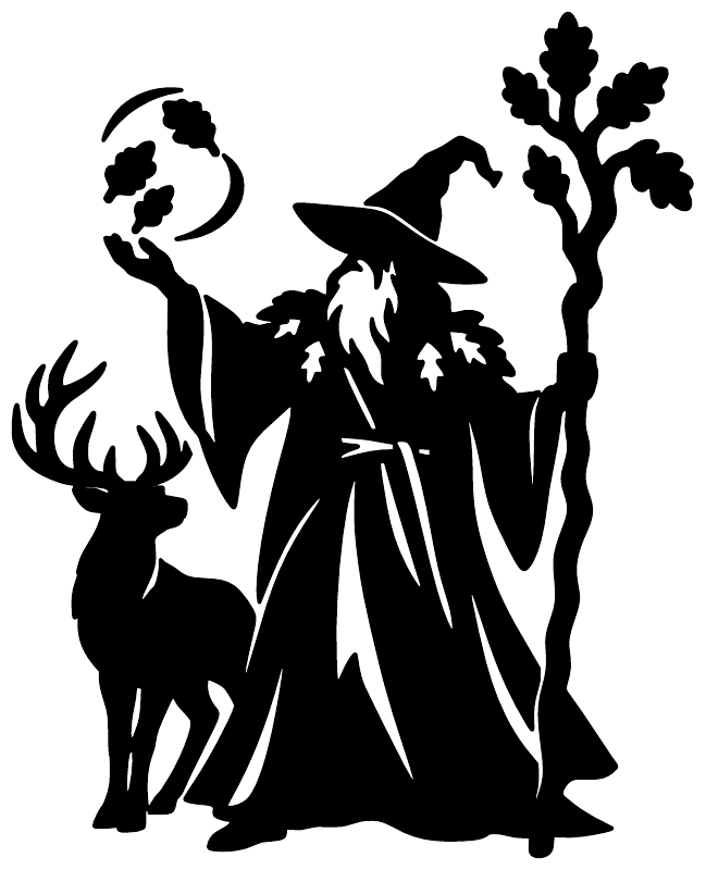 Black druid vinyl decal silhouette: cloaked wizard, stag, oak branches and plants.