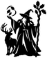Black druid vinyl decal silhouette: cloaked wizard, stag, oak branches and plants.