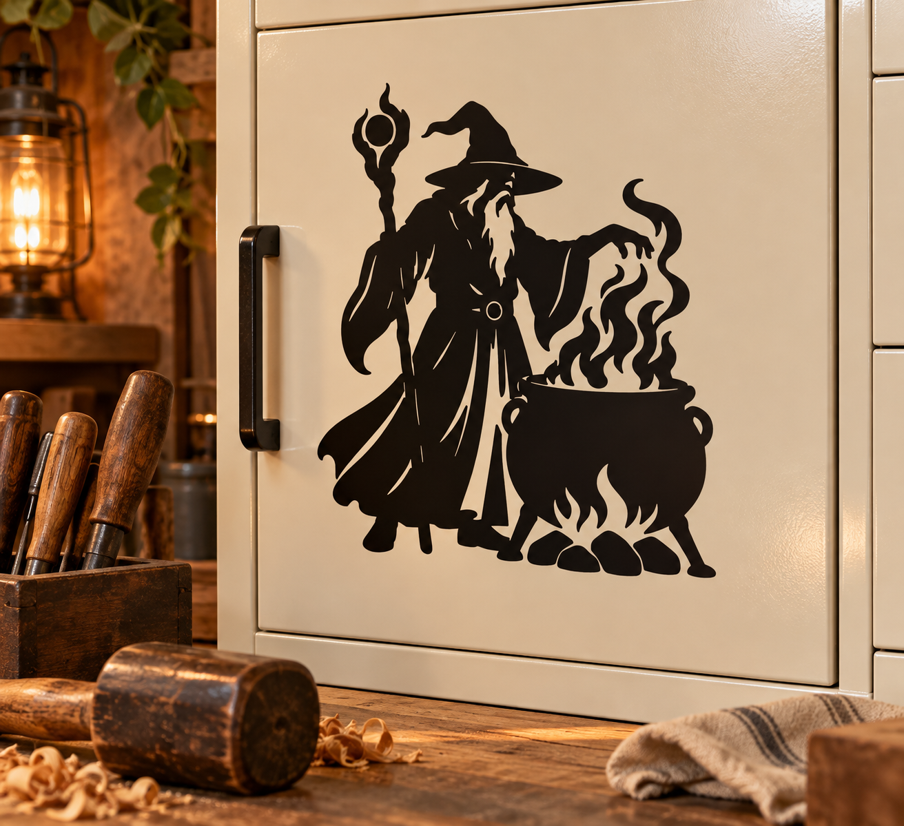 Wizard with flaming cauldron black vinyl decal silhouette