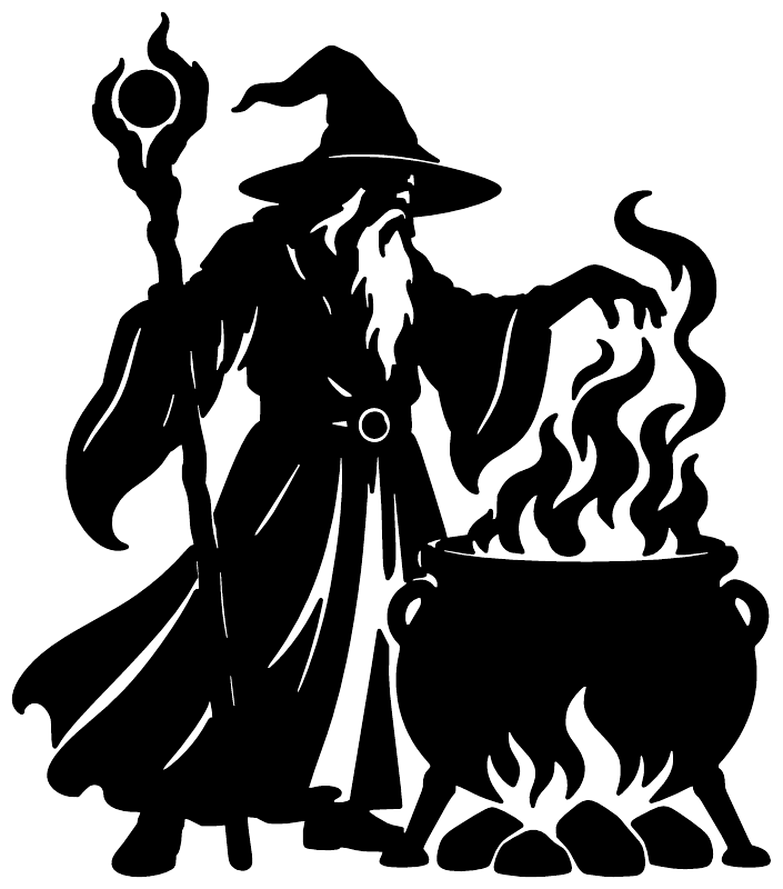 Wizard silhouette in hat holding cauldron with flames black vinyl decal
