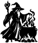 Wizard silhouette in hat holding cauldron with flames black vinyl decal