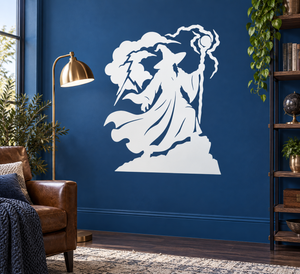 White wizard guardian vinyl decal with flowing hair and swirling lightning storm outline
