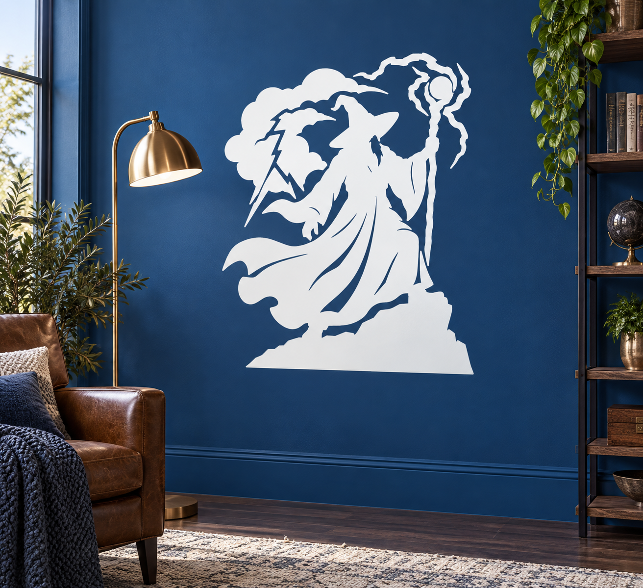 White wizard guardian vinyl decal with flowing hair and swirling lightning storm outline