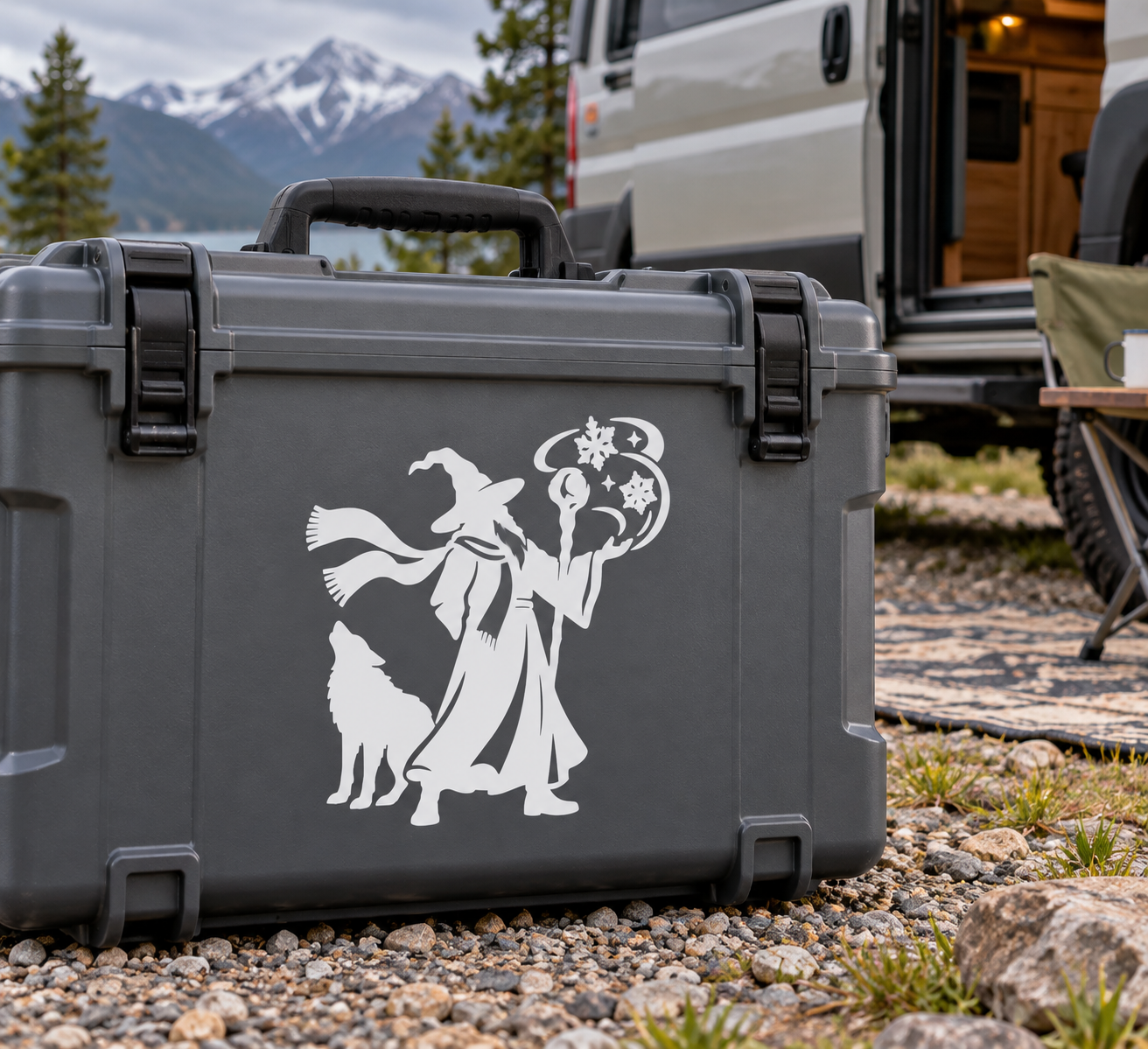 Wizard vinyl decal on gray hard case, white silhouette of wizard with staff and cat