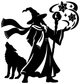 Wizard vinyl decal, black silhouette of wizard casting magic with cat and spell icons