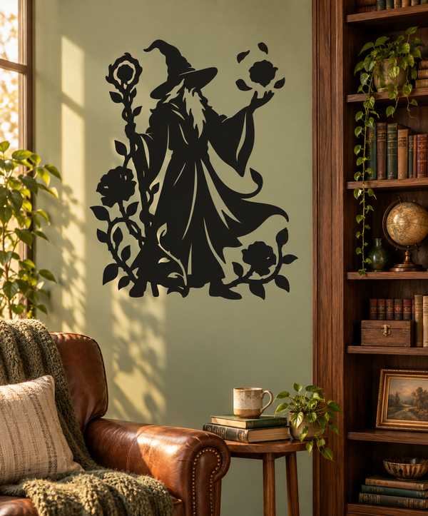 Black rose garden sorcerer vinyl decal silhouette, wizard holding wand and spell