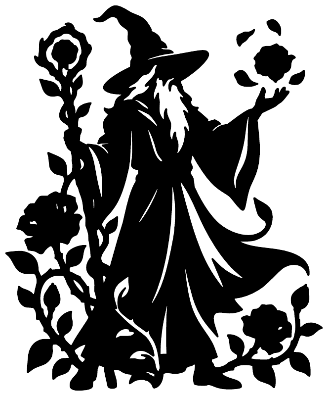 Black rose garden sorcerer vinyl decal silhouette with roses and flowers, wizard casting