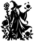 Black rose garden sorcerer vinyl decal silhouette with roses and flowers, wizard casting