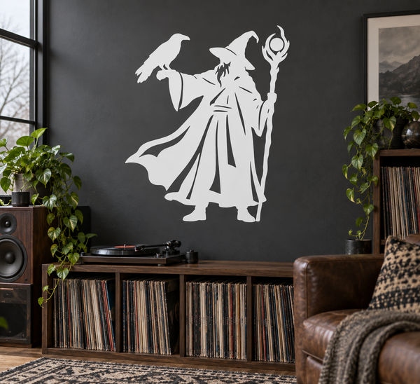 White wizard silhouette vinyl decal with raven and raised wand