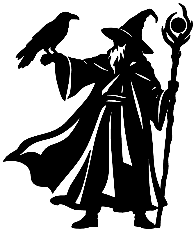 Black wizard silhouette vinyl decal with raven, flowing cloak, and raised wand