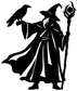 Black wizard silhouette vinyl decal with raven, flowing cloak, and raised wand