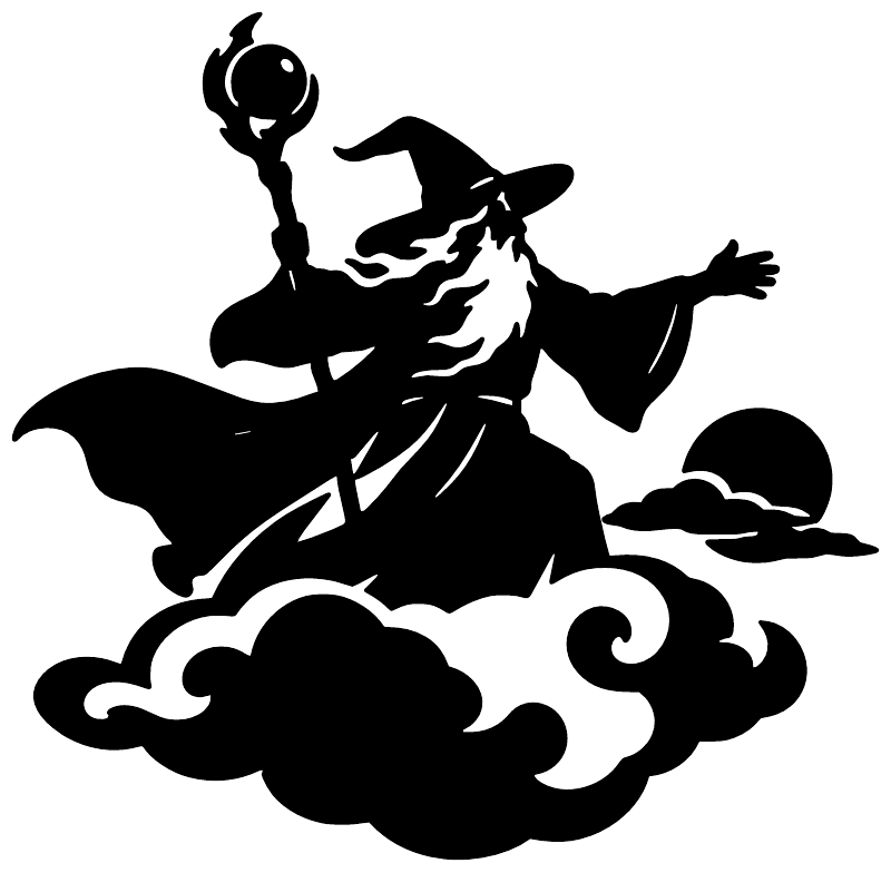 Wizard holding staff vinyl decal on clouds, black silhouette on white