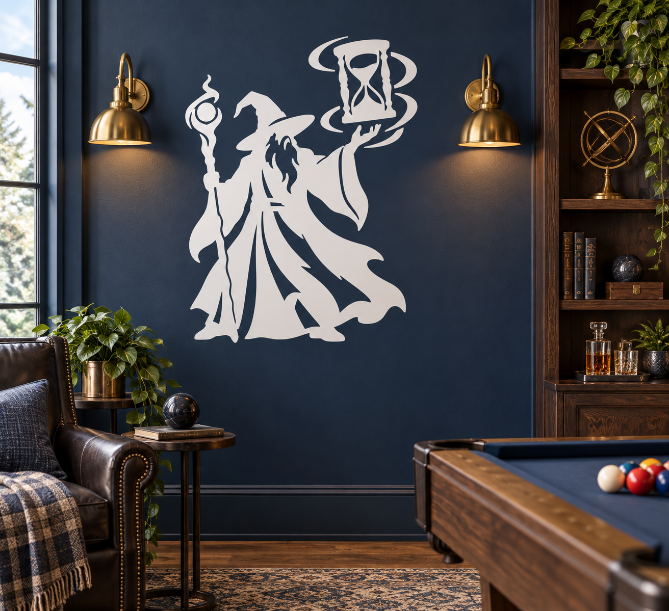 Hourglass Spell Keeper vinyl decal with wizard holding hourglass silhouette, white