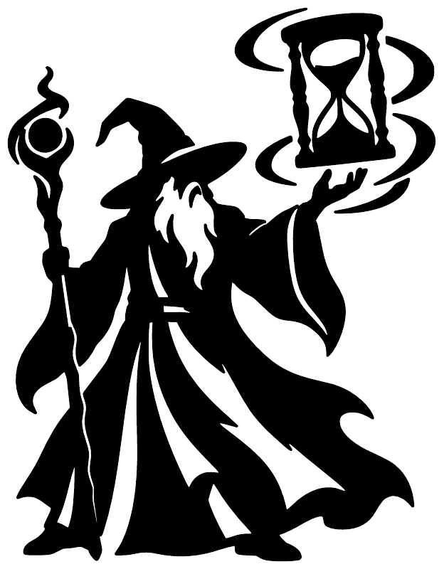 Hourglass Spell Keeper vinyl decal, black wizard silhouette with hourglass emblem
