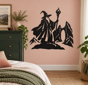 Wizard and mountain gate vinyl wall decal, black silhouette with torch and spell staff